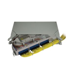 1RU | 19" rack mount pivot FOBOT splice / patch shelf | Capacity 96 - single mode LC/UPC pigtails & quad LC/UPC adapters