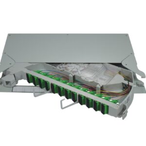 1RU | 19" rack mount pivot FOBOT splice / patch shelf | Capacity 48 - single mode SC/APC pigtails & simplex SC/APC adapters